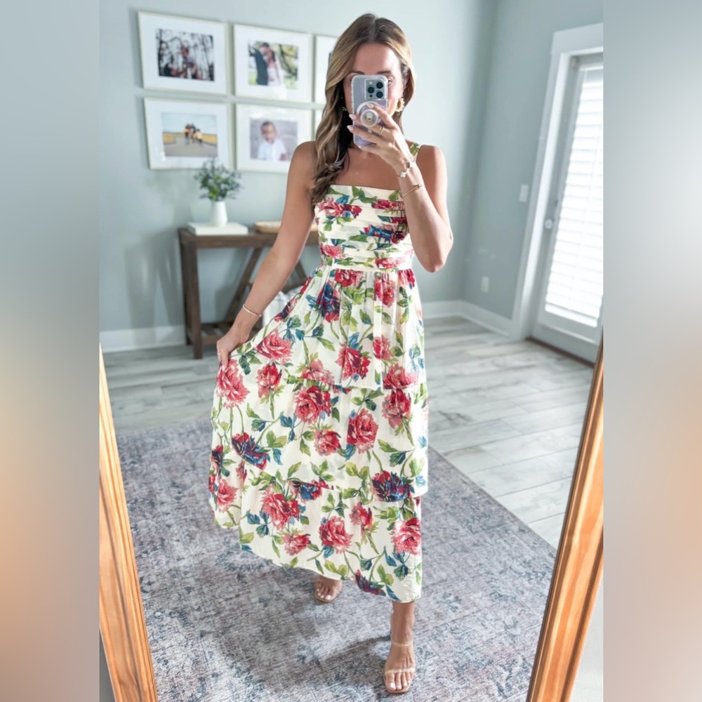 Abercrombie & Fitch White Floral Maxi Dress with Red & Green Print - Picture 1 of 10